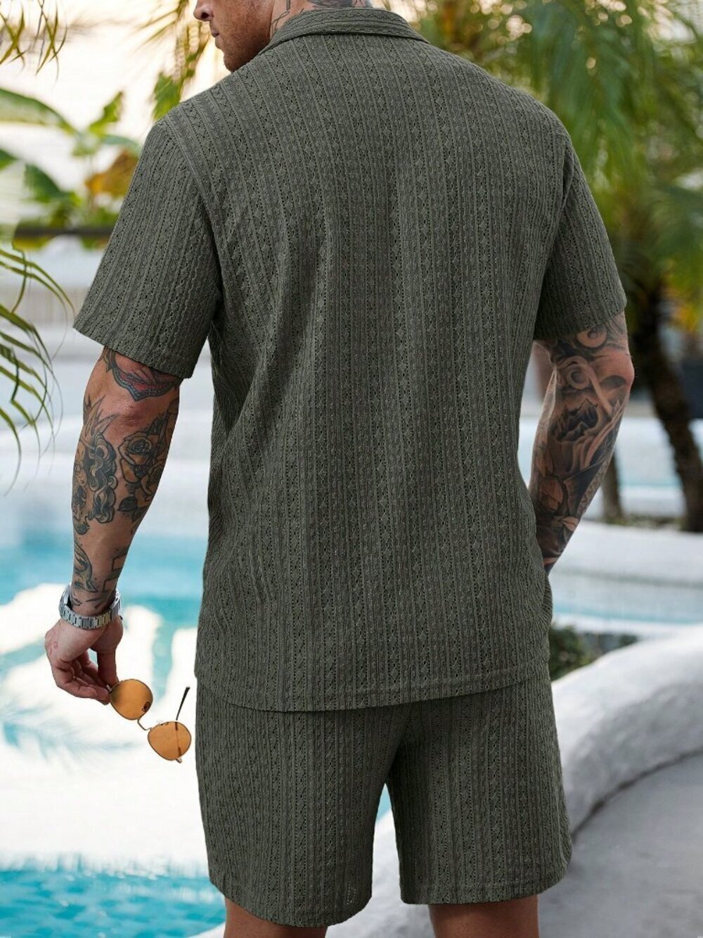 Army Green Button-Down Men's Shirt and Shorts Set - Picture 2 of 6